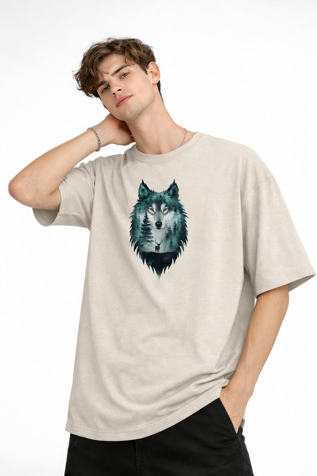 Wolf - 1. Sınıf Pamuklu Bisiklet Yaka Kısa Kollu Oversize Erkek Tişört Bej