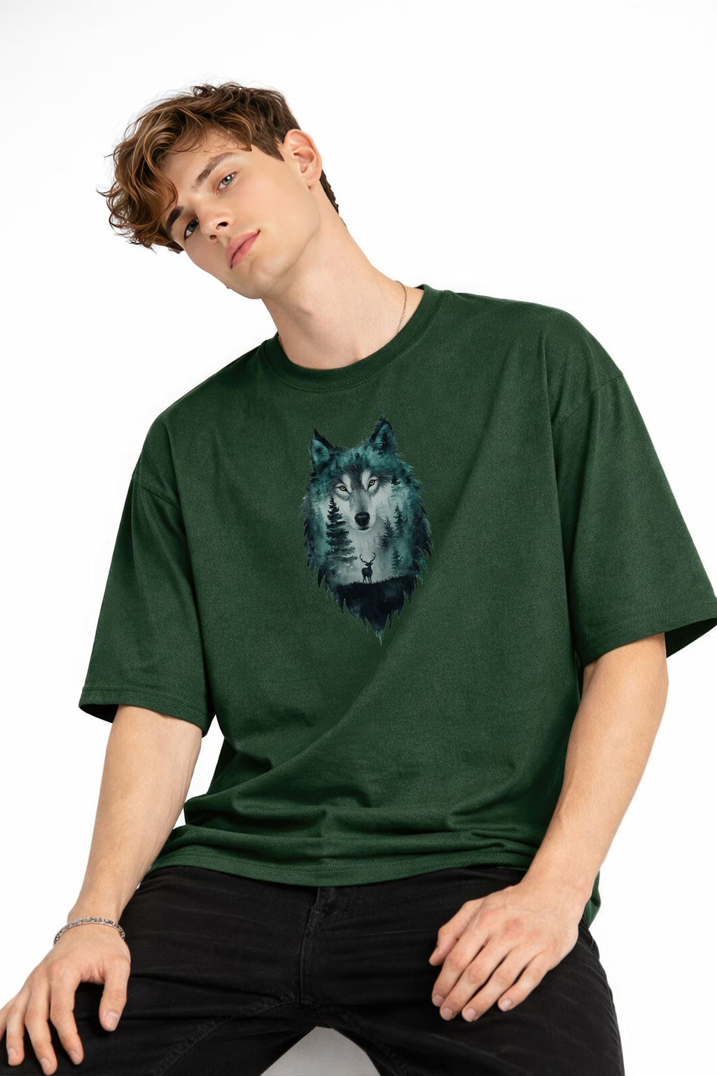 Wolf - 1. Sınıf Pamuklu Bisiklet Yaka Kısa Kollu Oversize Erkek Tişört Haki