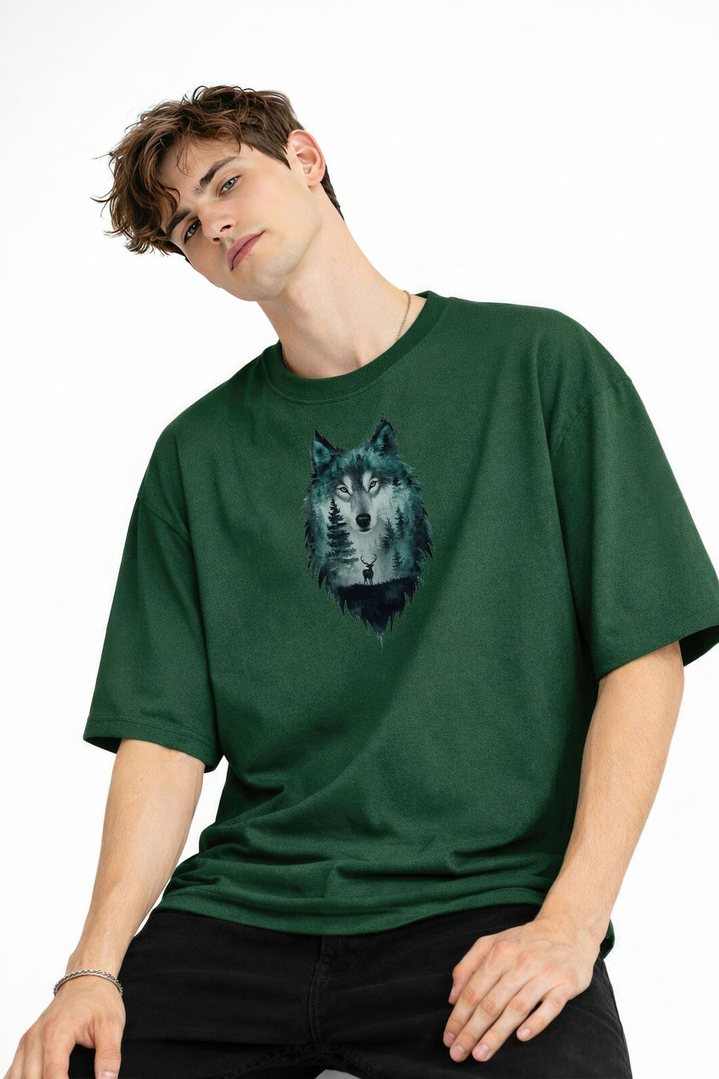 Wolf - 1. Sınıf Pamuklu Bisiklet Yaka Kısa Kollu Oversize Erkek Tişört Haki