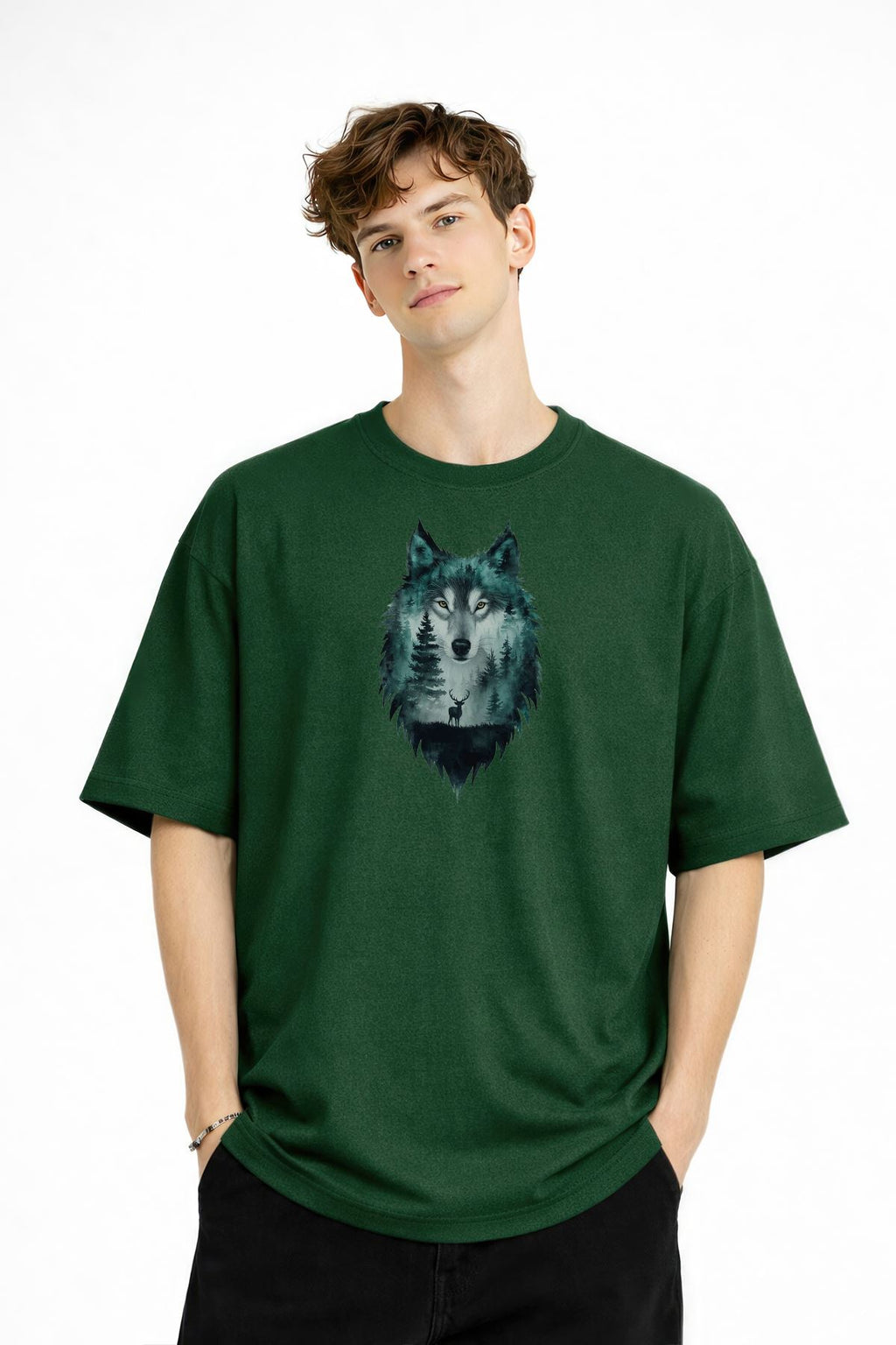 Wolf - 1. Sınıf Pamuklu Bisiklet Yaka Kısa Kollu Oversize Erkek Tişört Haki