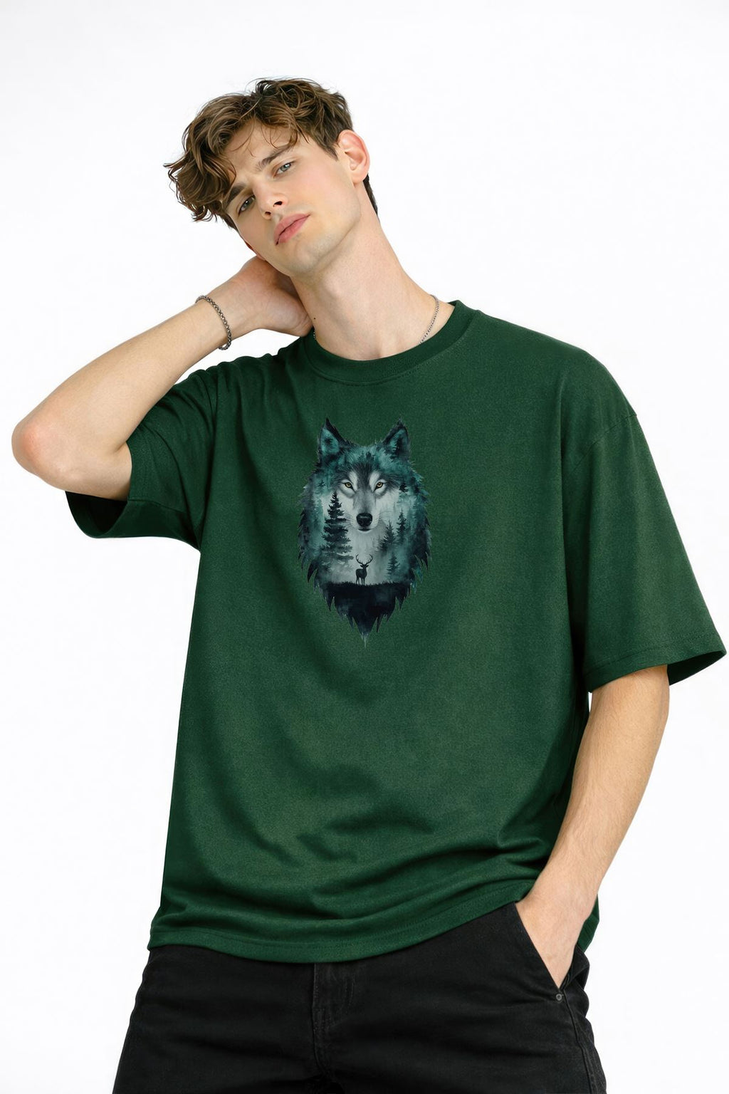 Wolf - 1. Sınıf Pamuklu Bisiklet Yaka Kısa Kollu Oversize Erkek Tişört Haki