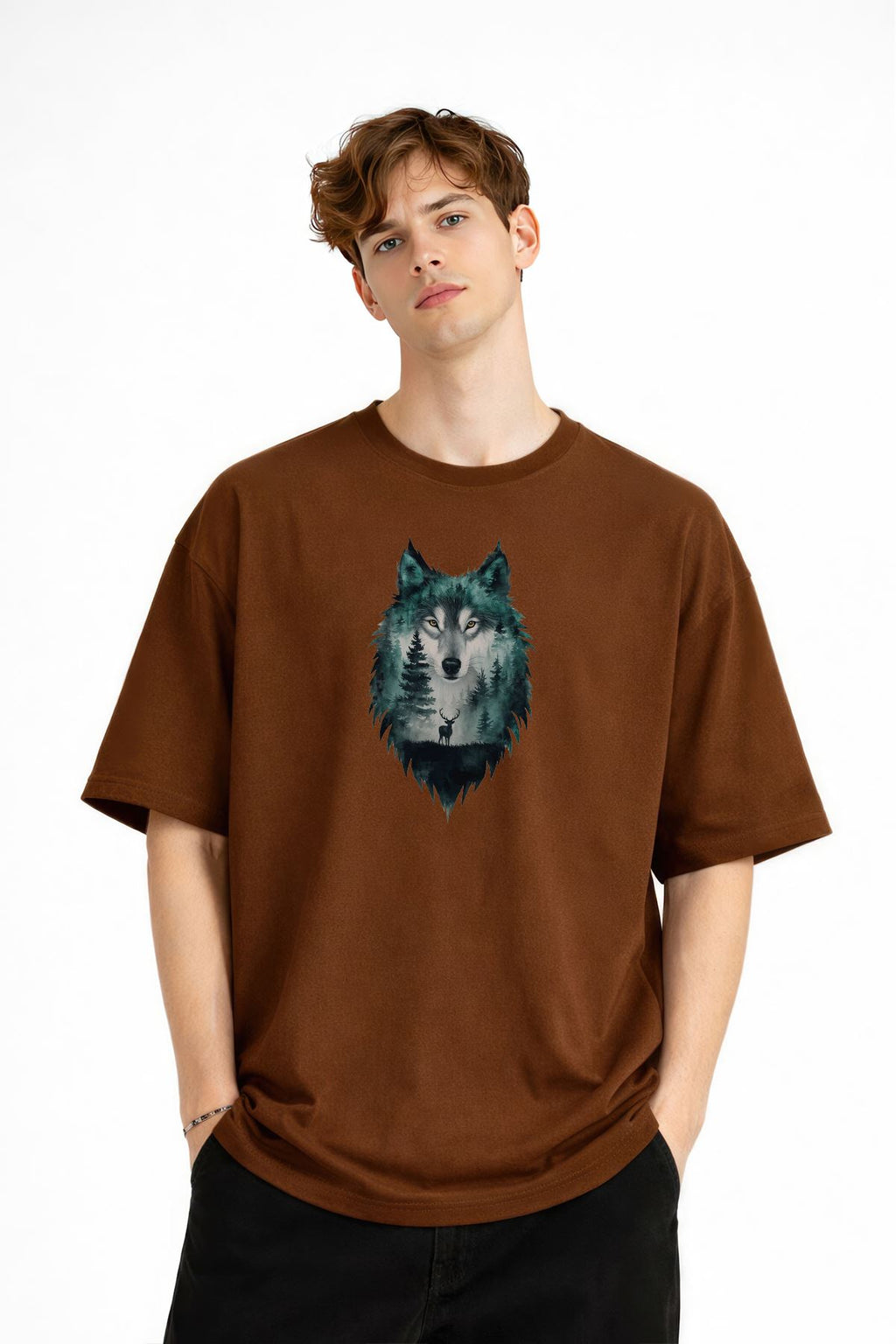 Wolf - 1. Sınıf Pamuklu Bisiklet Yaka Kısa Kollu Oversize Erkek Tişört Kahve