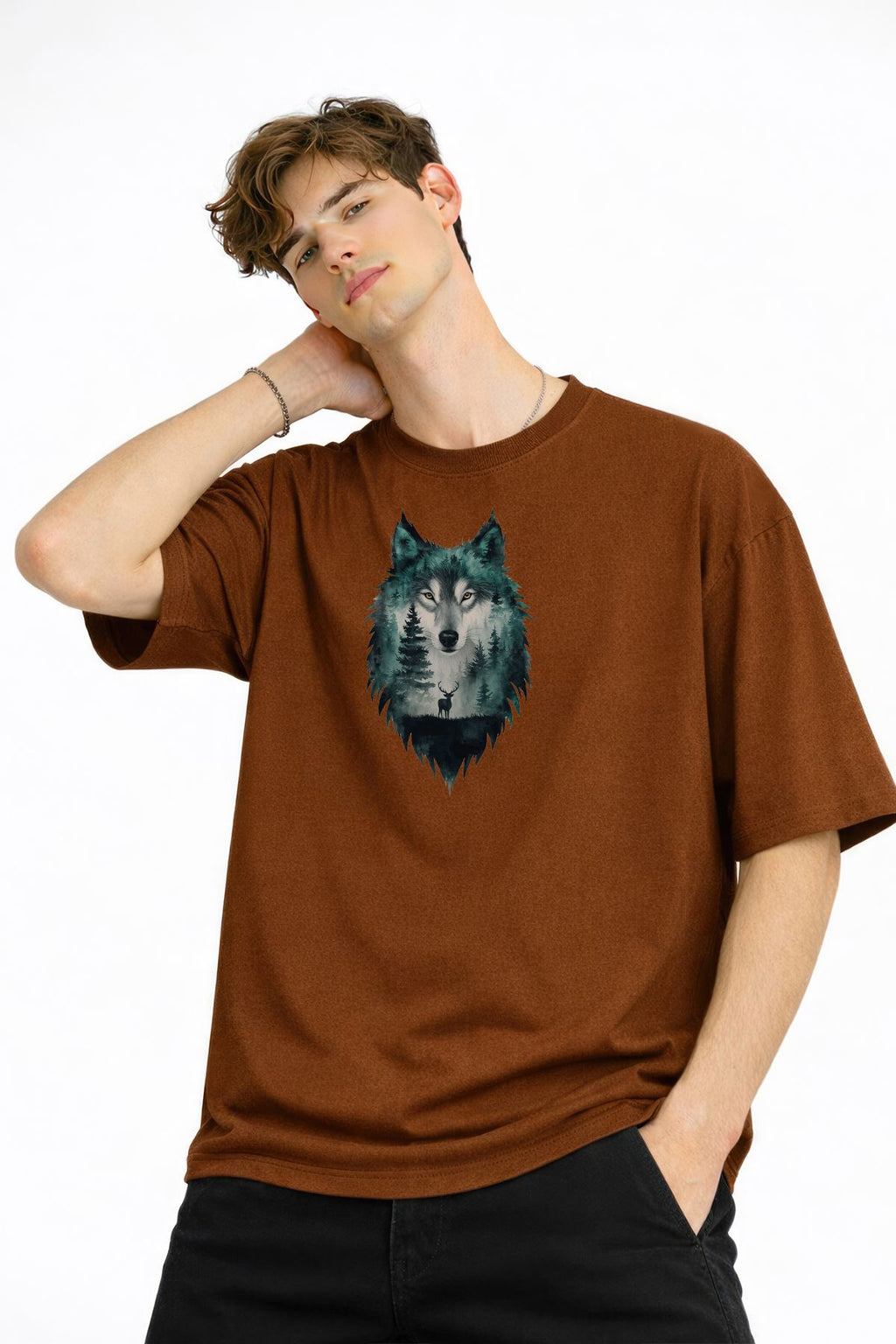 Wolf - 1. Sınıf Pamuklu Bisiklet Yaka Kısa Kollu Oversize Erkek Tişört Kahve