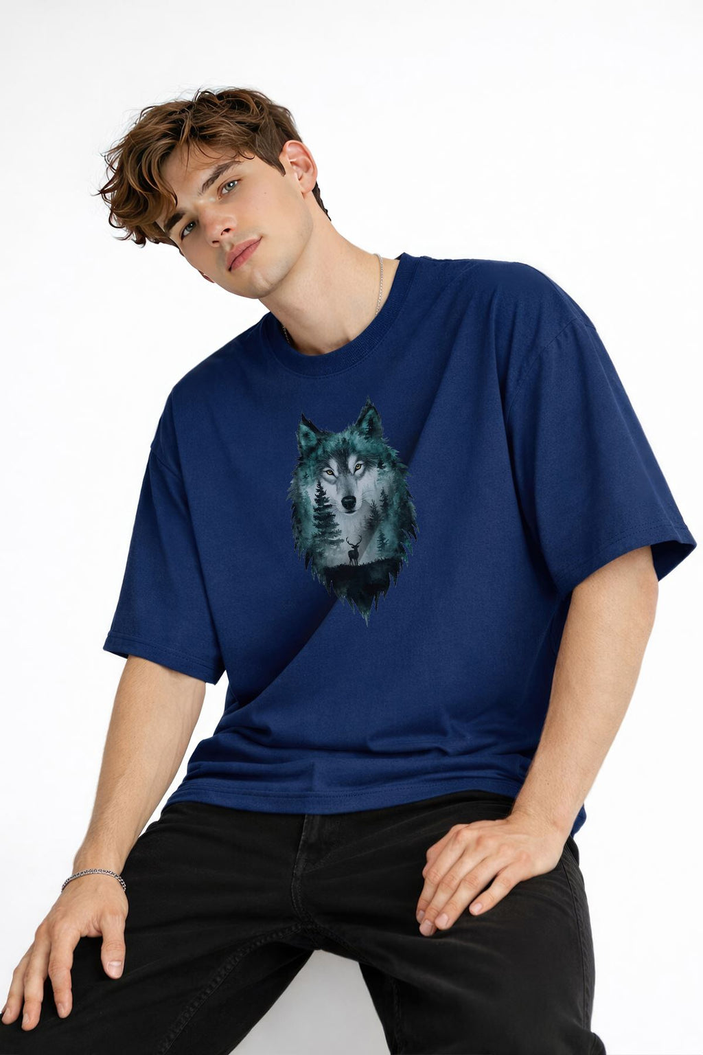 Wolf - 1. Sınıf Pamuklu Bisiklet Yaka Kısa Kollu Oversize Erkek Tişört Koyu Mavi