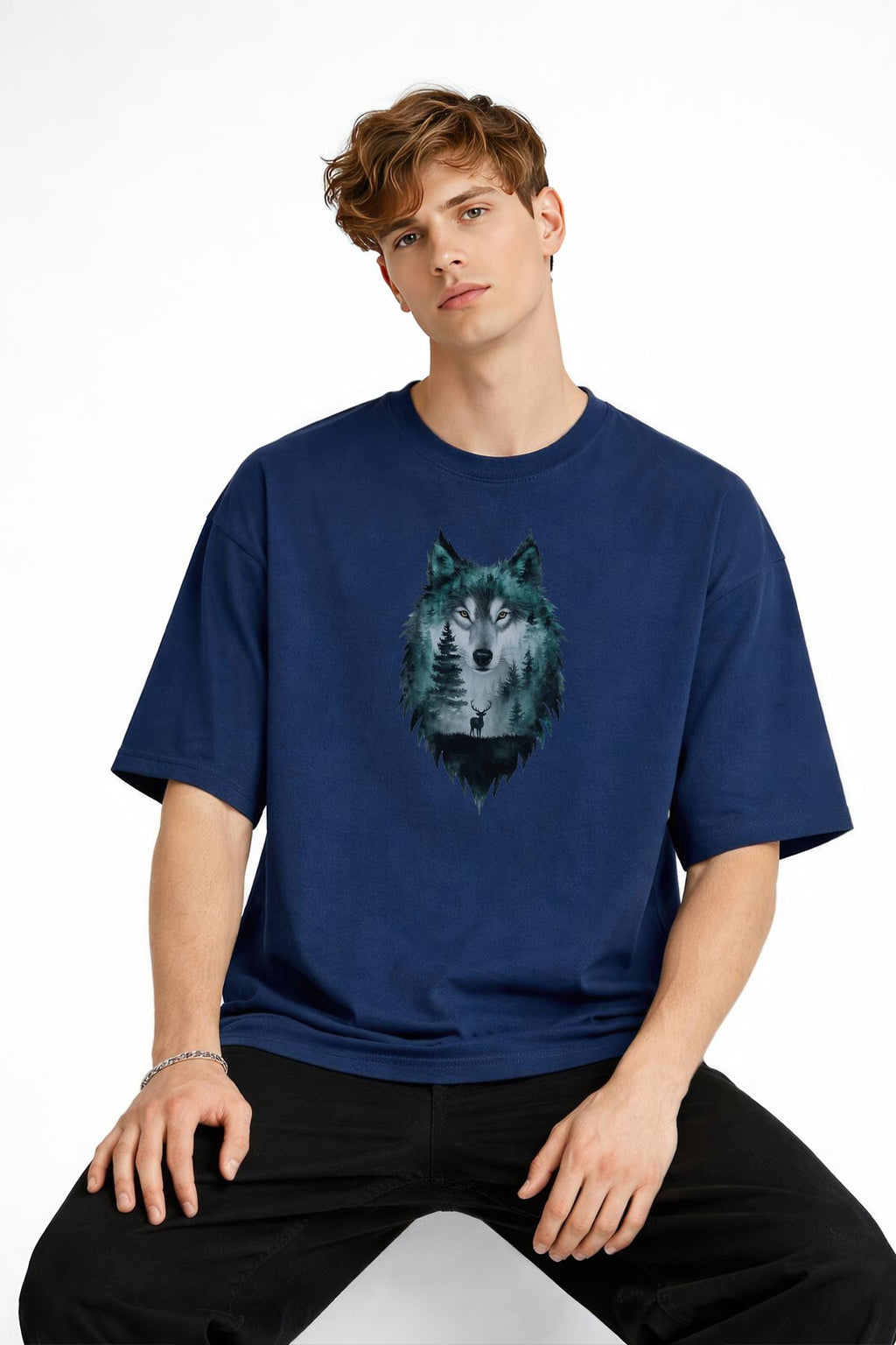 Wolf - 1. Sınıf Pamuklu Bisiklet Yaka Kısa Kollu Oversize Erkek Tişört Koyu Mavi