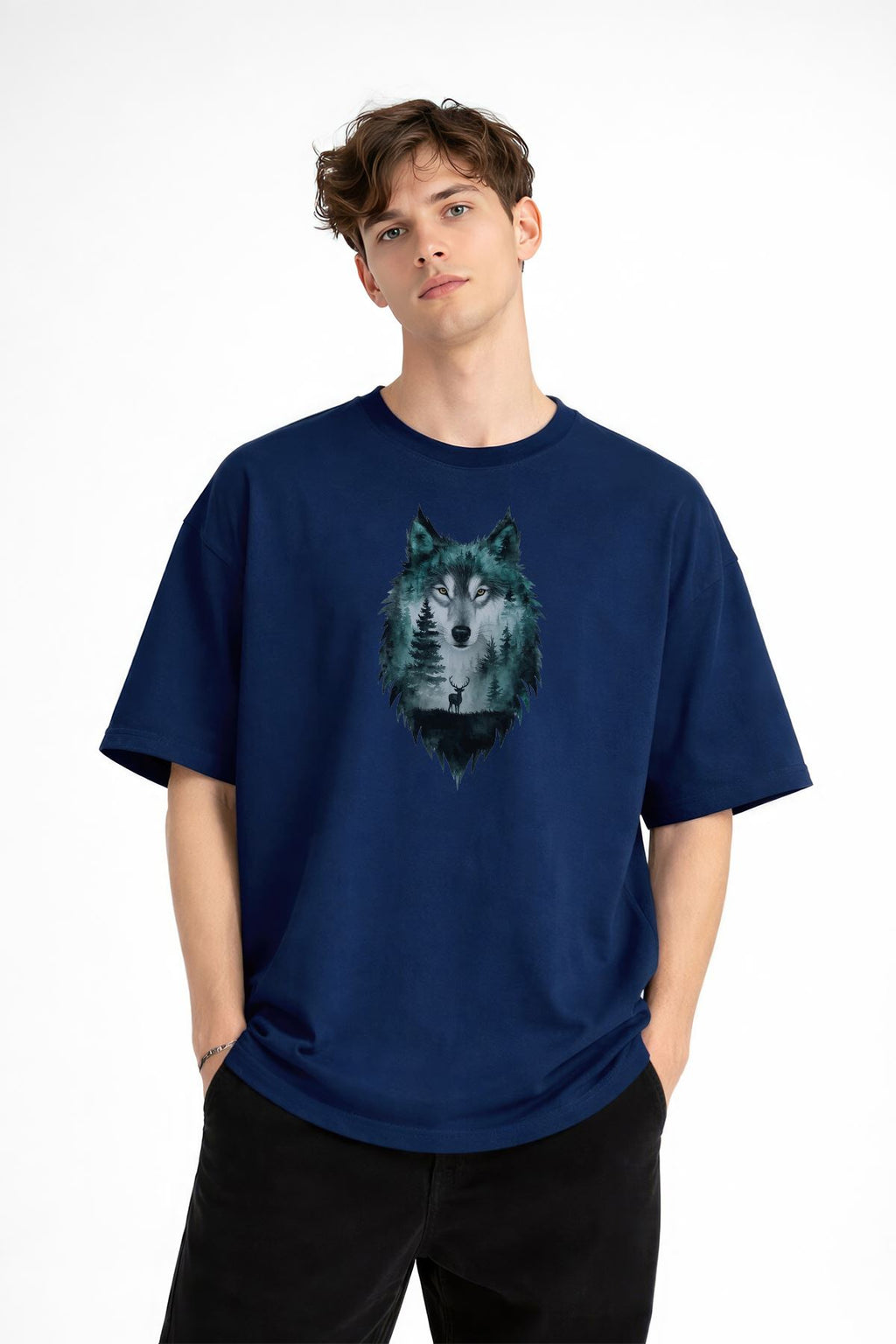 Wolf - 1. Sınıf Pamuklu Bisiklet Yaka Kısa Kollu Oversize Erkek Tişört Koyu Mavi