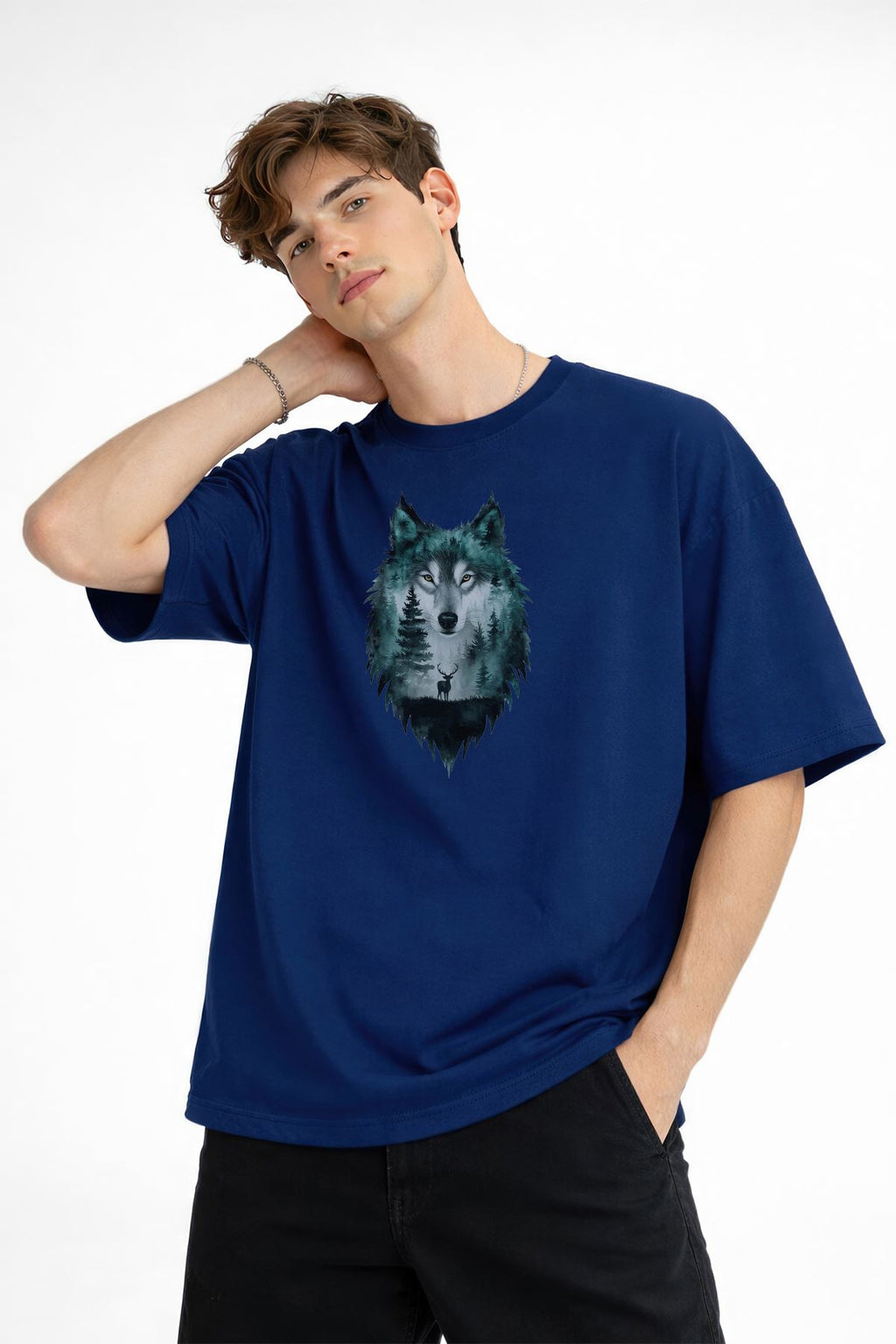 Wolf - 1. Sınıf Pamuklu Bisiklet Yaka Kısa Kollu Oversize Erkek Tişört Koyu Mavi