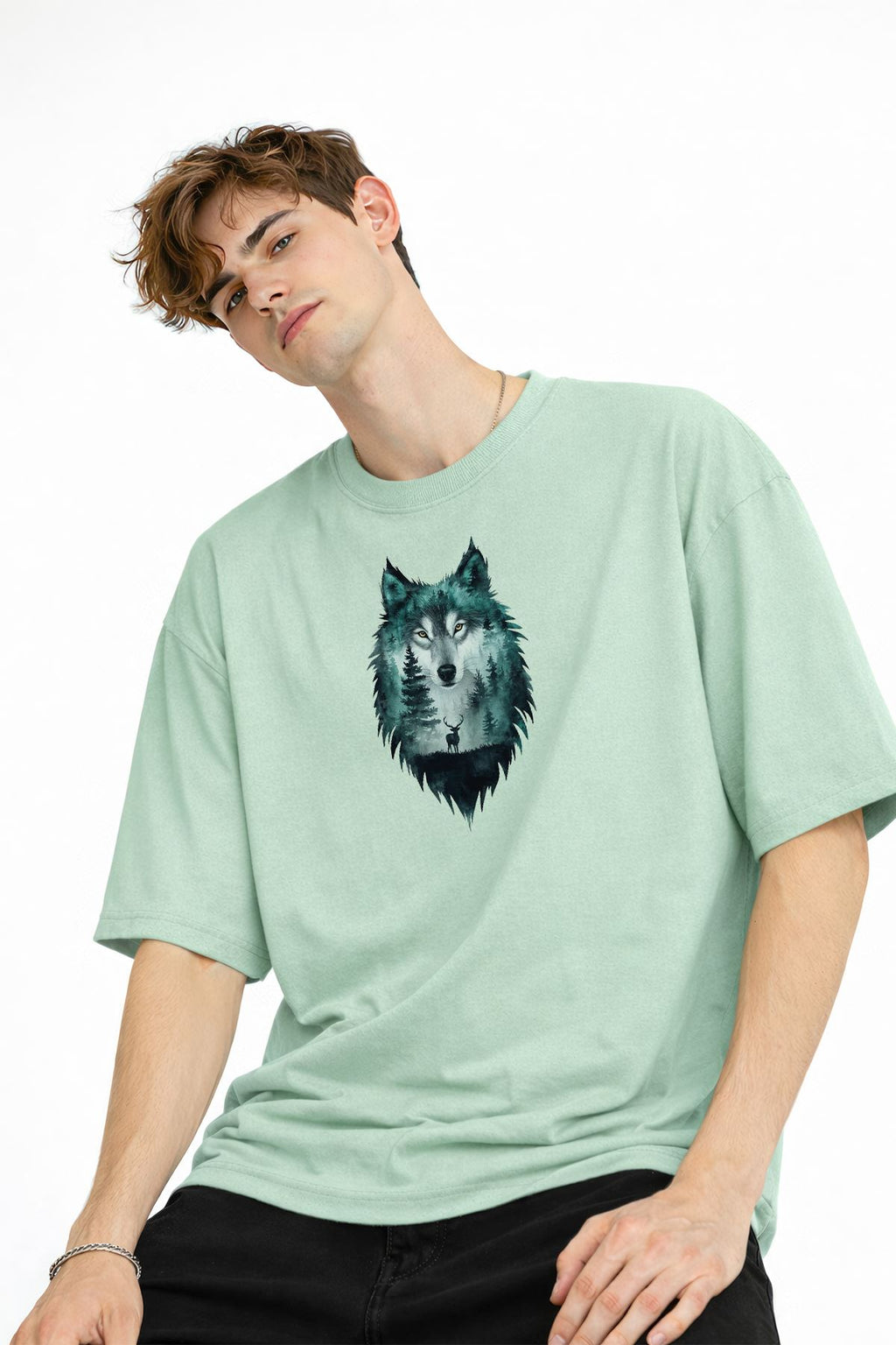 Wolf - 1. Sınıf Pamuklu Bisiklet Yaka Kısa Kollu Oversize Erkek Tişört Su Yeşili
