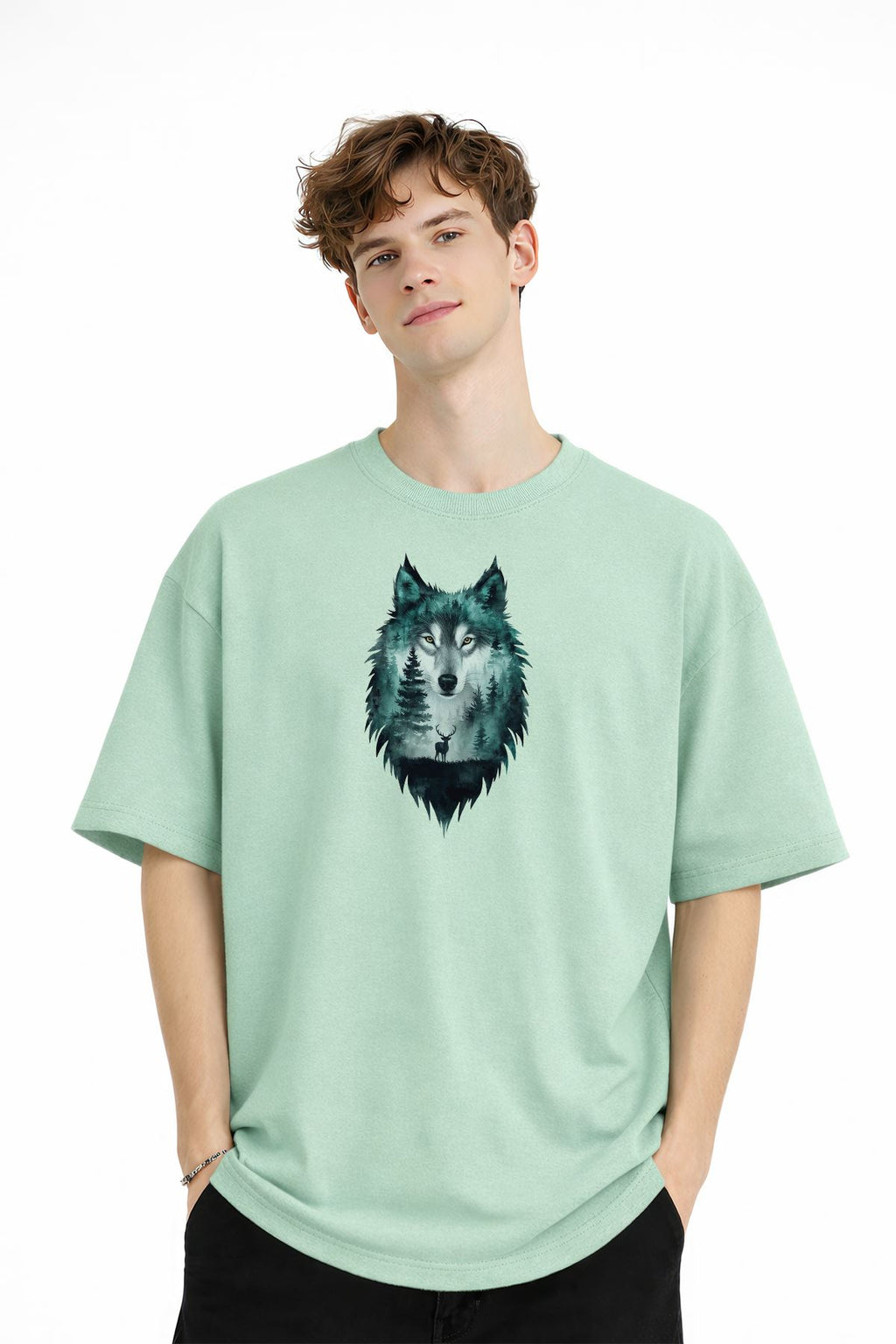 Wolf - 1. Sınıf Pamuklu Bisiklet Yaka Kısa Kollu Oversize Erkek Tişört Su Yeşili