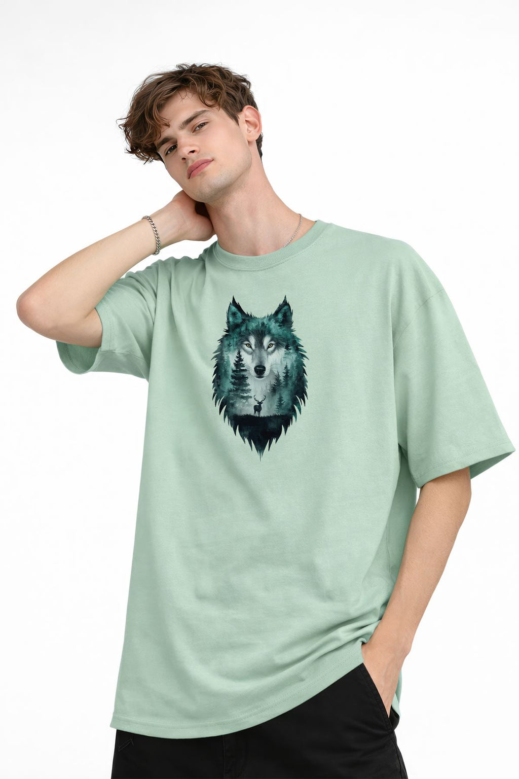 Wolf - 1. Sınıf Pamuklu Bisiklet Yaka Kısa Kollu Oversize Erkek Tişört Su Yeşili