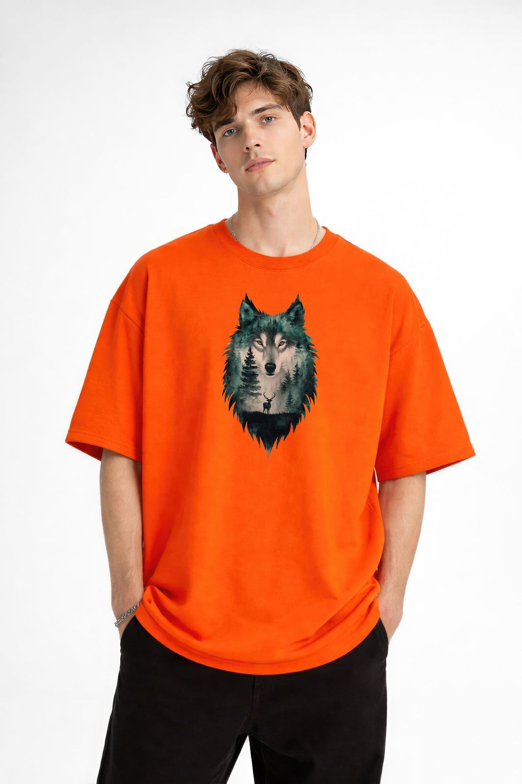 Wolf - 1. Sınıf Pamuklu Bisiklet Yaka Kısa Kollu Oversize Erkek Tişört Turuncu