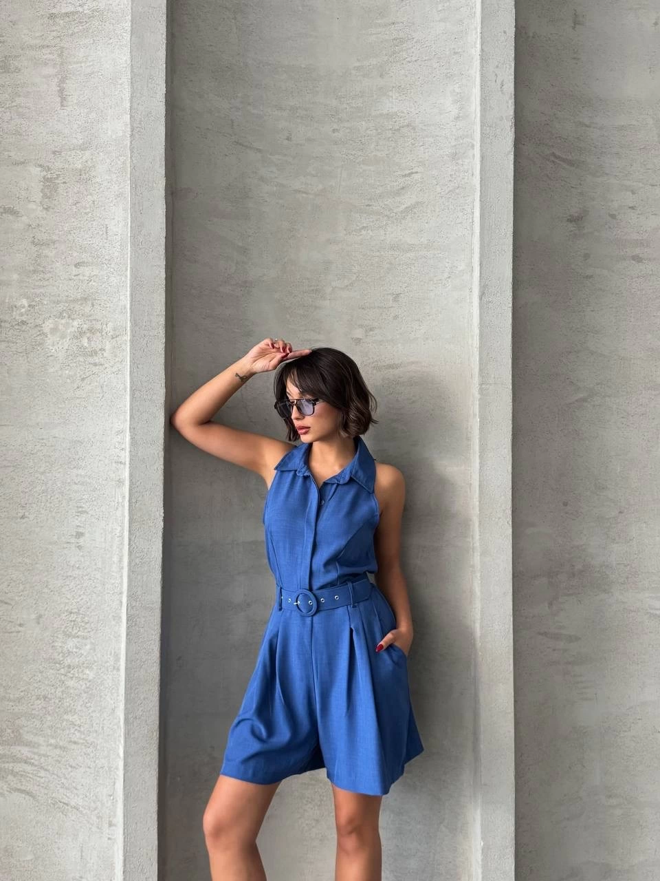 Collared Belted Shorts Overalls Blue