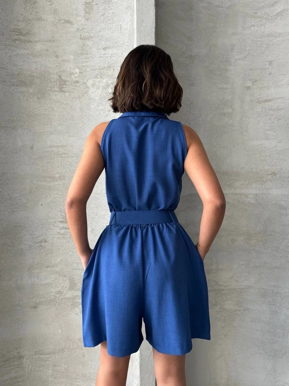 Collared Belted Shorts Overalls Blue