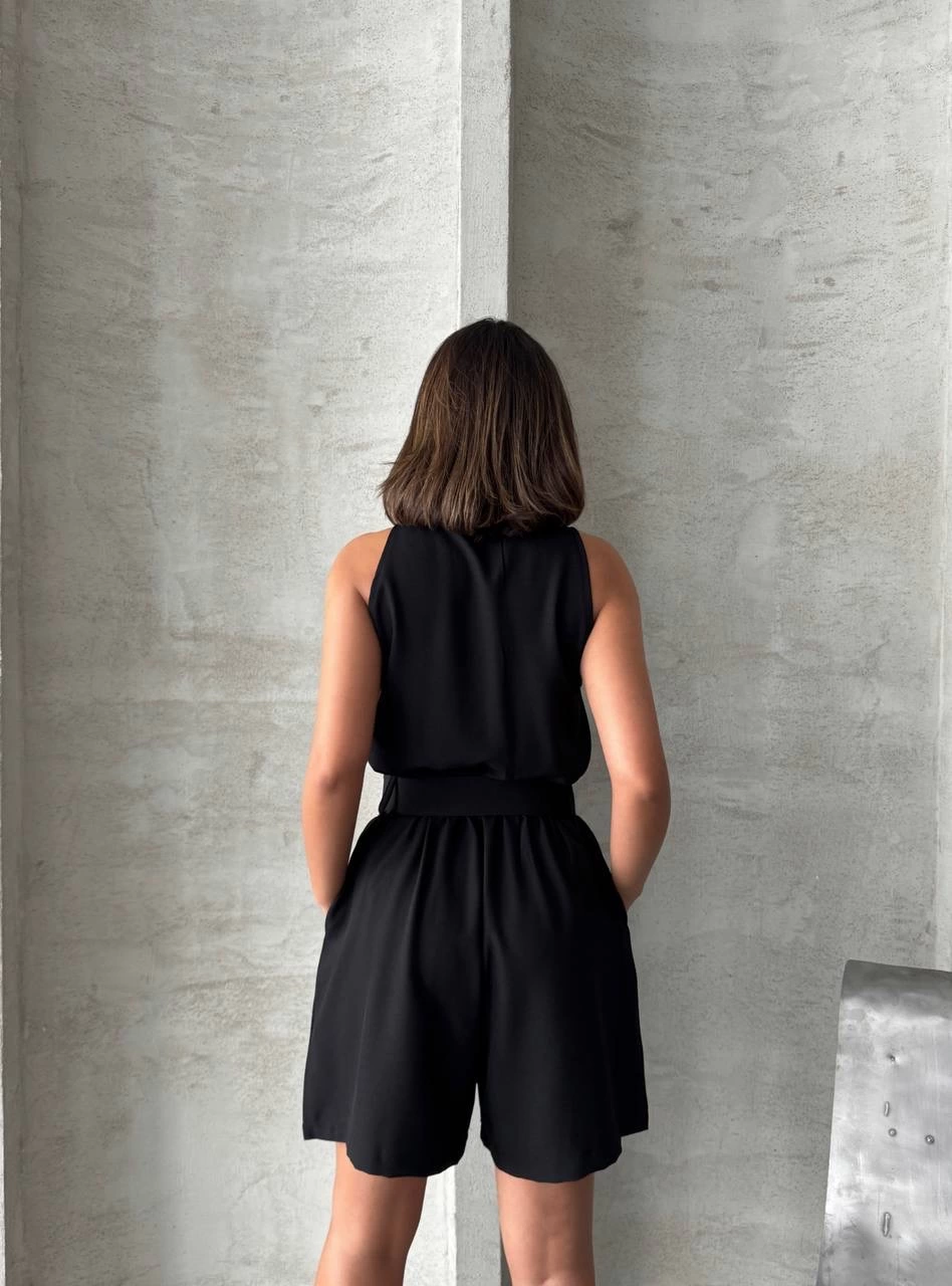 Collared Belted Shorts Overalls Black