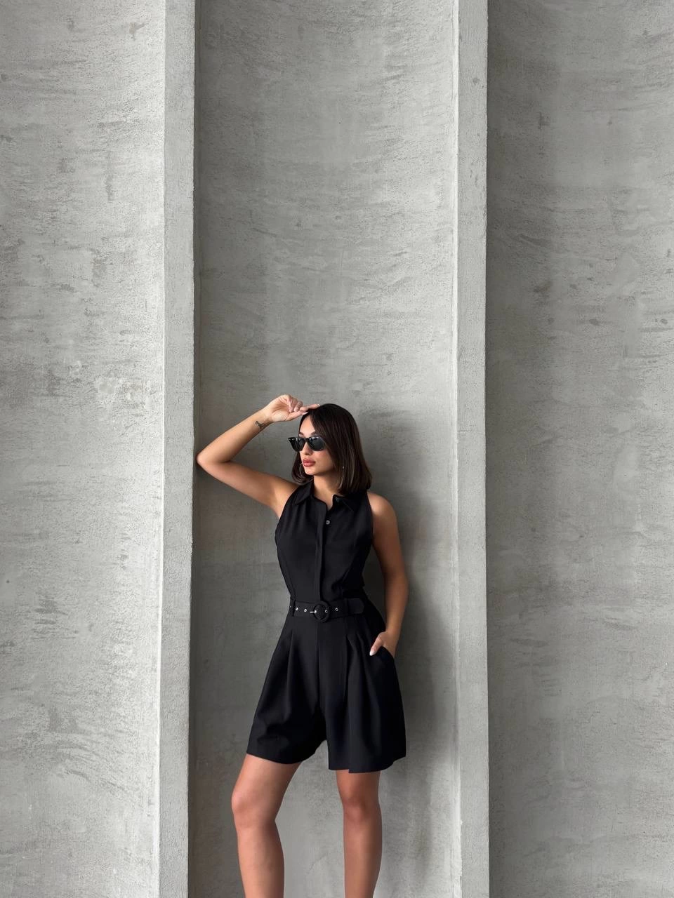 Collared Belted Shorts Overalls Black