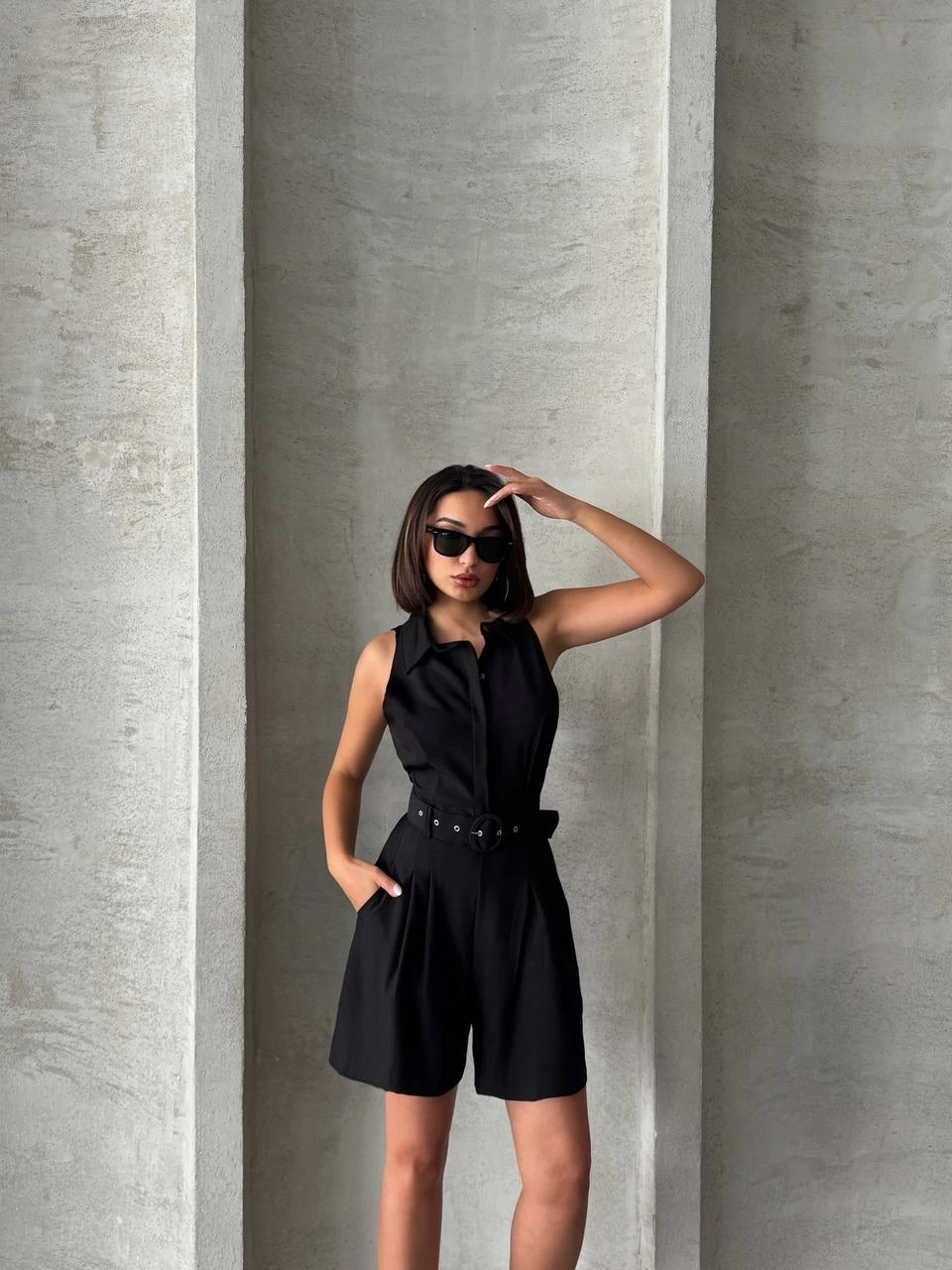 Collared Belted Shorts Overalls Black