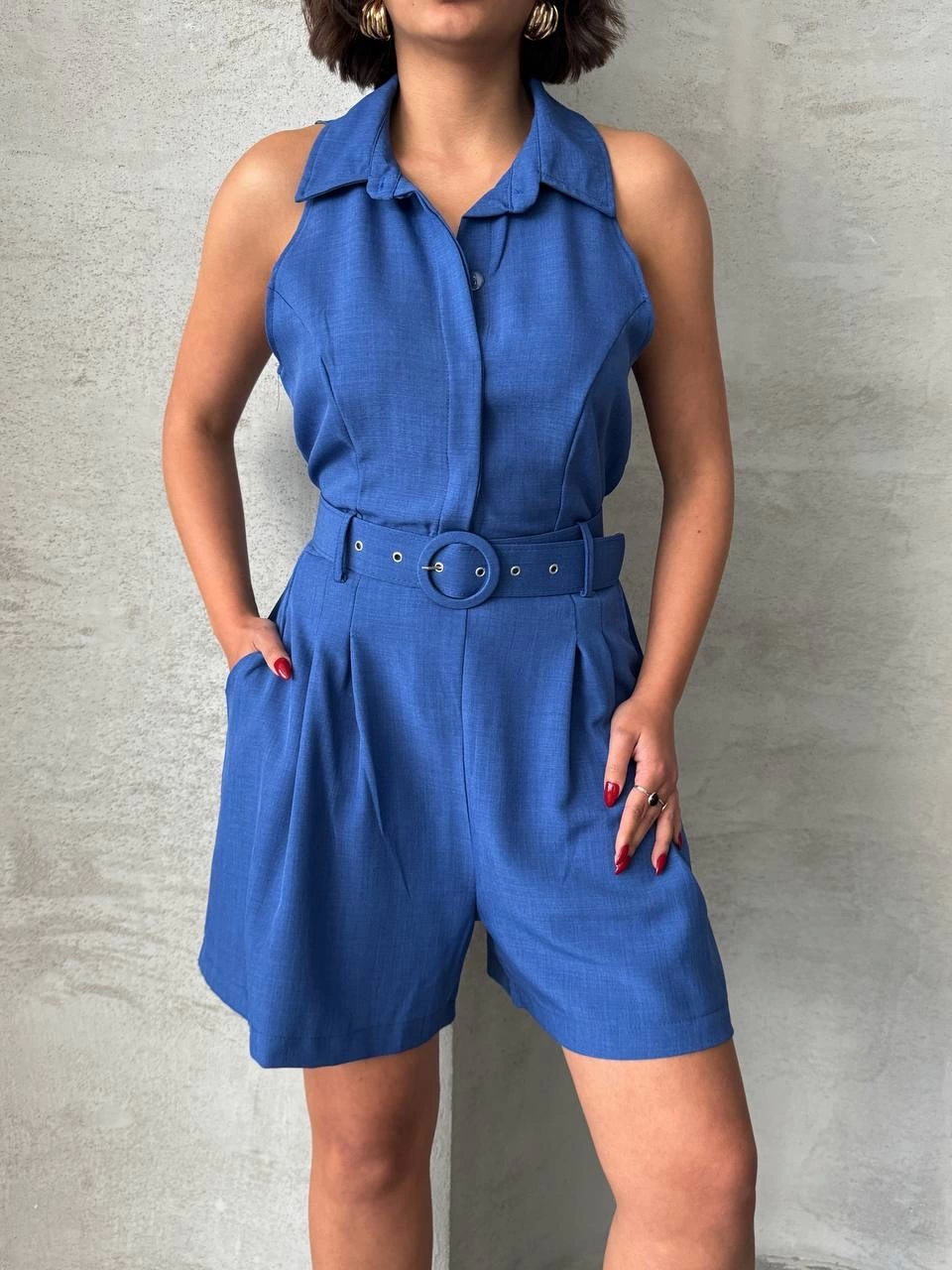 Collared Belted Shorts Overalls Blue