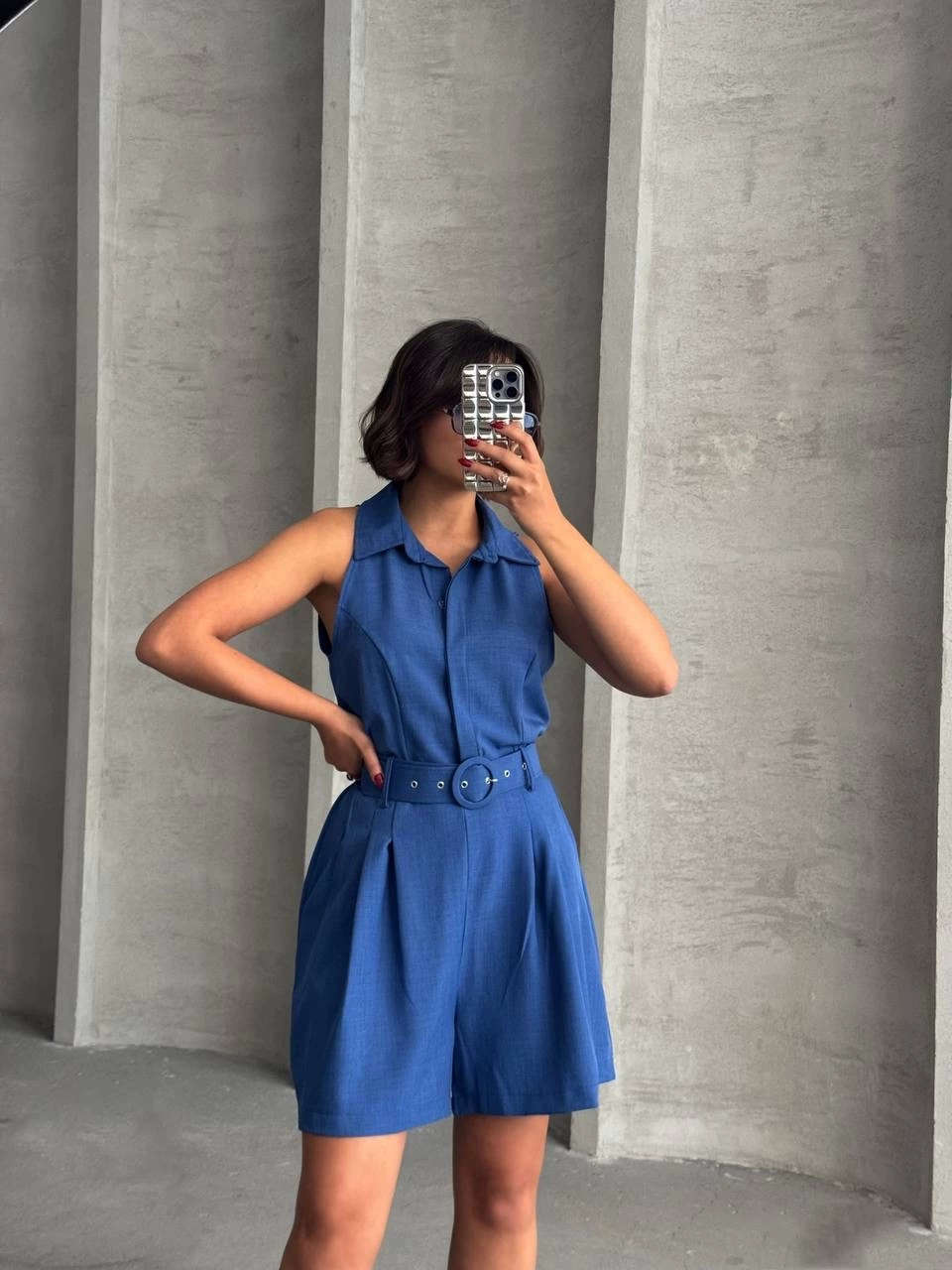 Collared Belted Shorts Overalls Blue