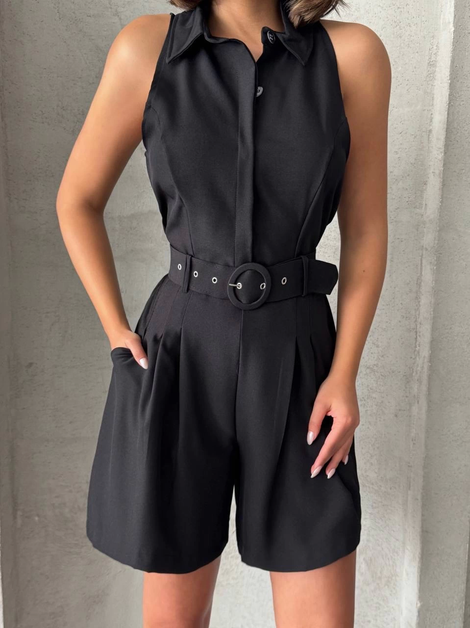 Collared Belted Shorts Overalls Black