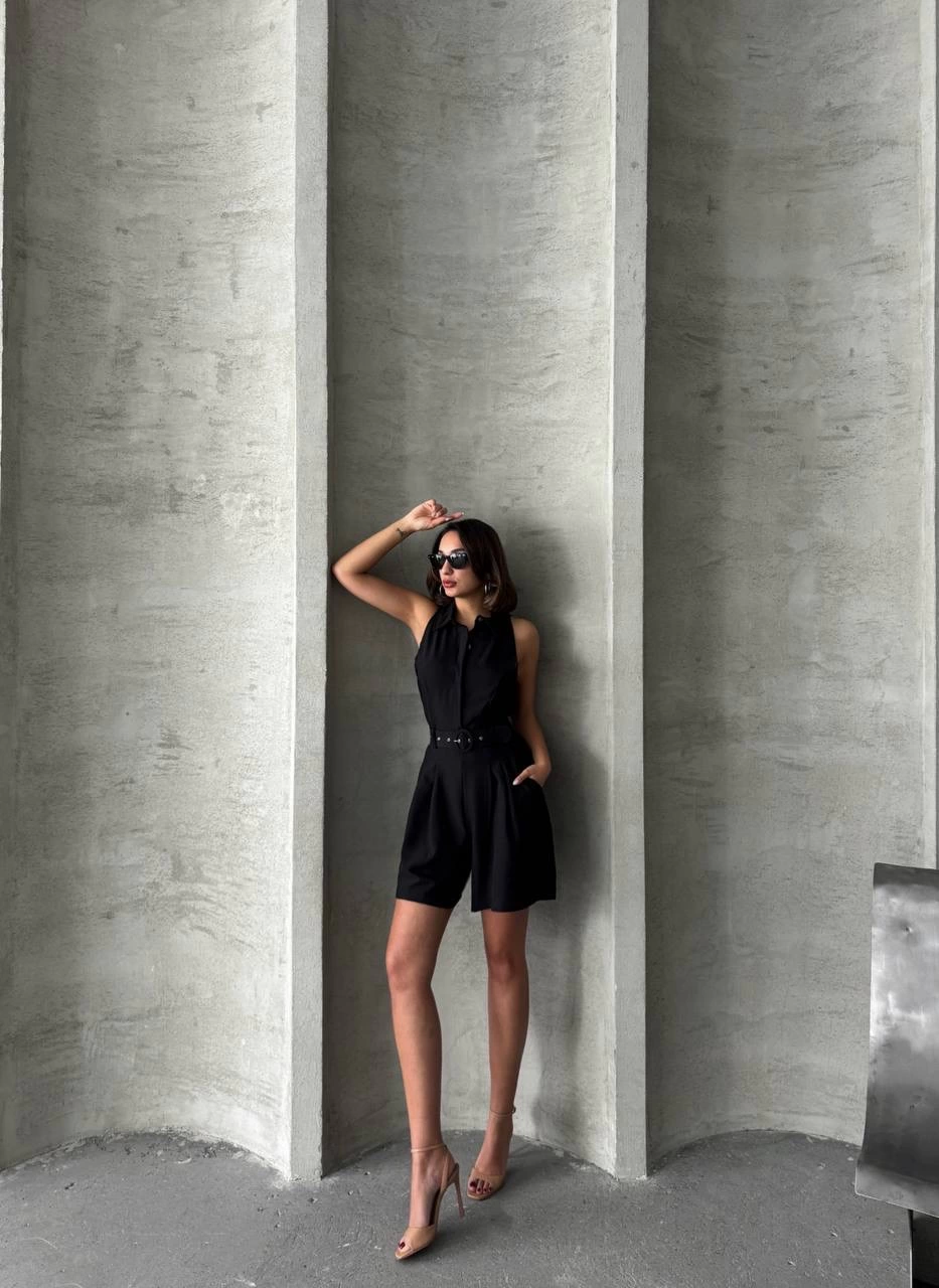 Collared Belted Shorts Overalls Black
