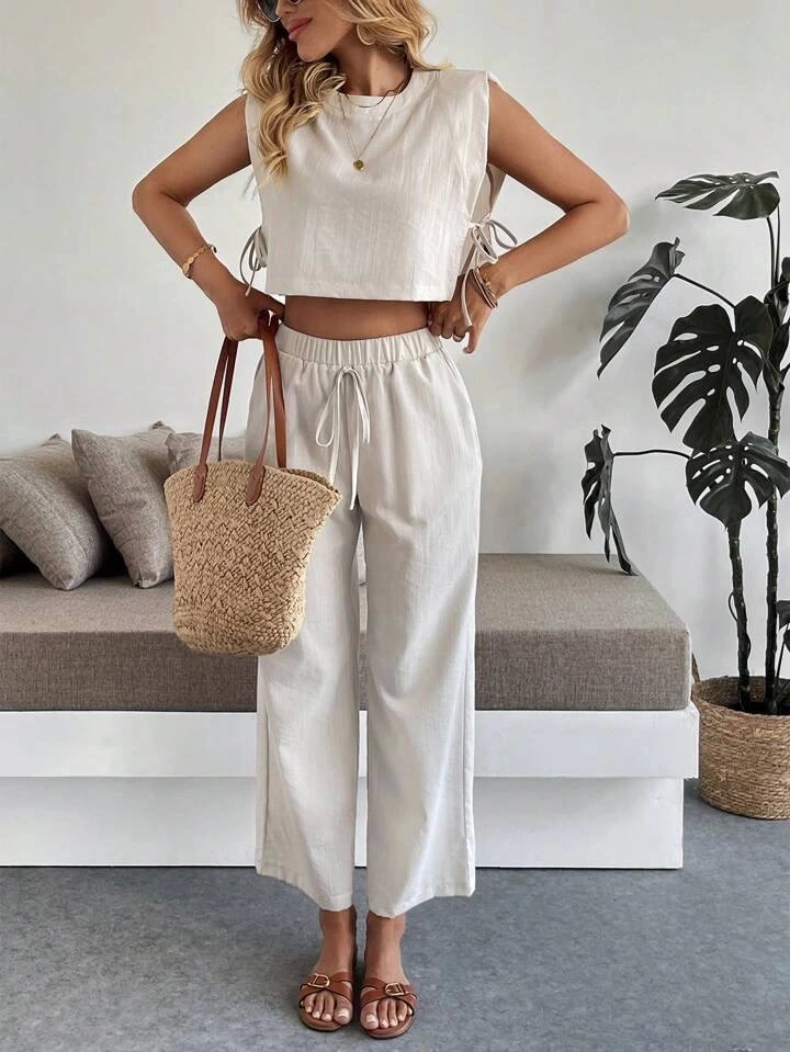 Side Tie Detailed Trouser Suit Beige