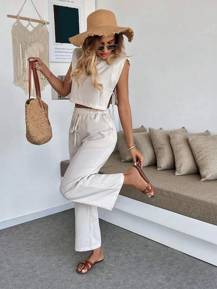 Side Tie Detailed Trouser Suit Beige