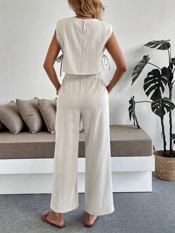 Side Tie Detailed Trouser Suit Beige