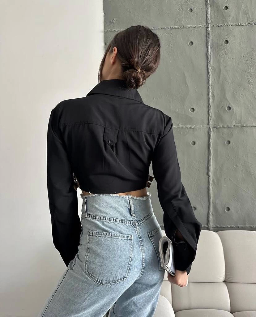 Yanı Kemer Detaylı Crop Gömlek Siyah