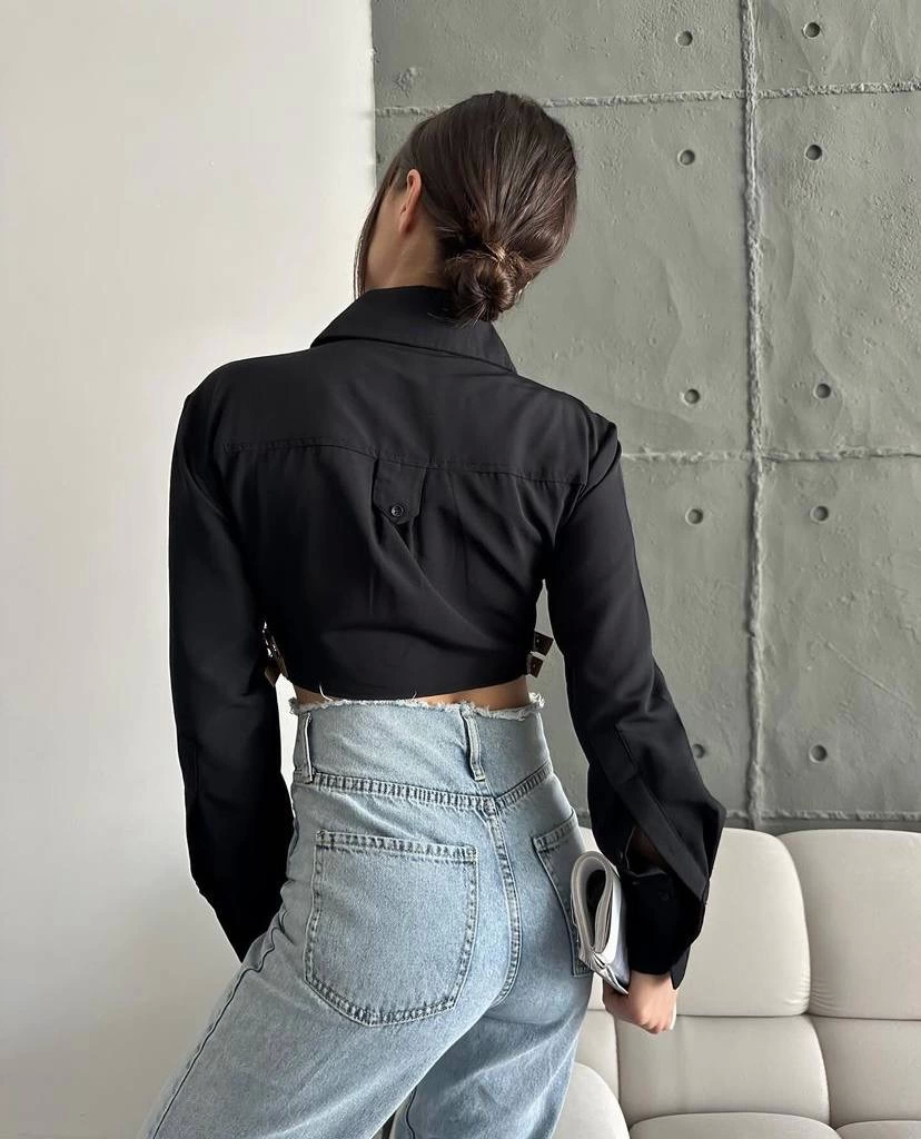 Yanı Kemer Detaylı Crop Gömlek Siyah
