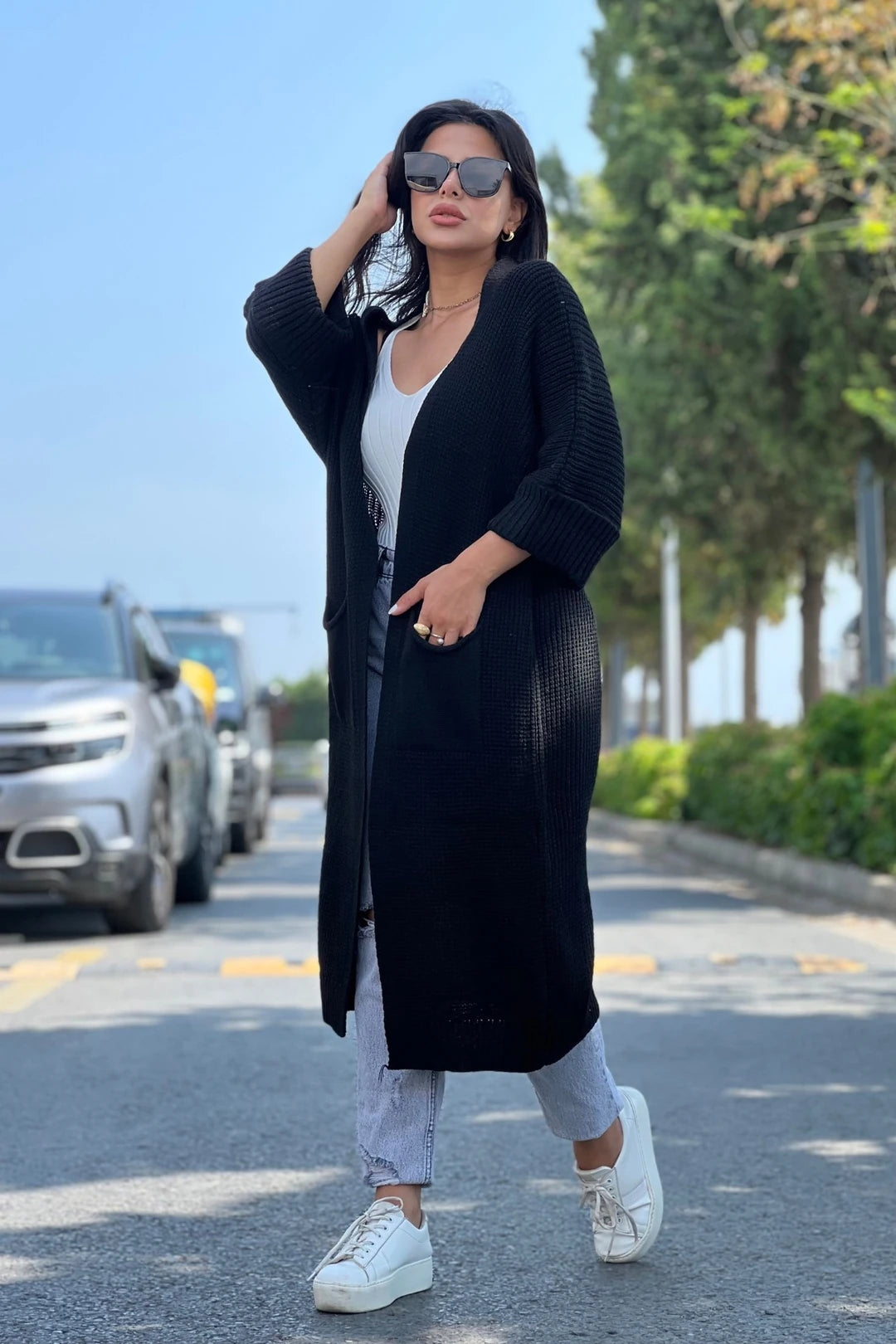 Batwing Sleeve Long Knit Cardigan Black