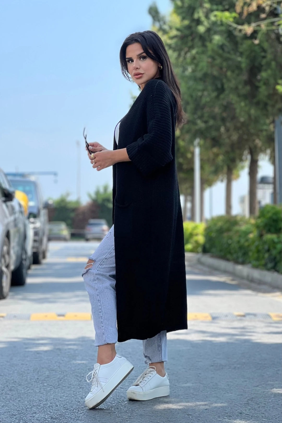 Batwing Sleeve Long Knit Cardigan Black