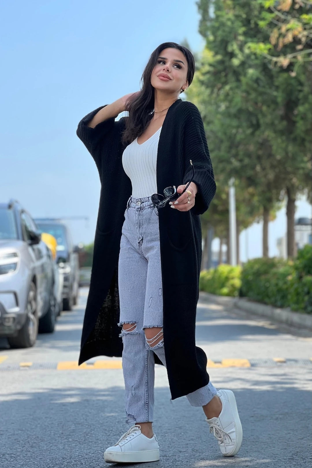 Batwing Sleeve Long Knit Cardigan Black