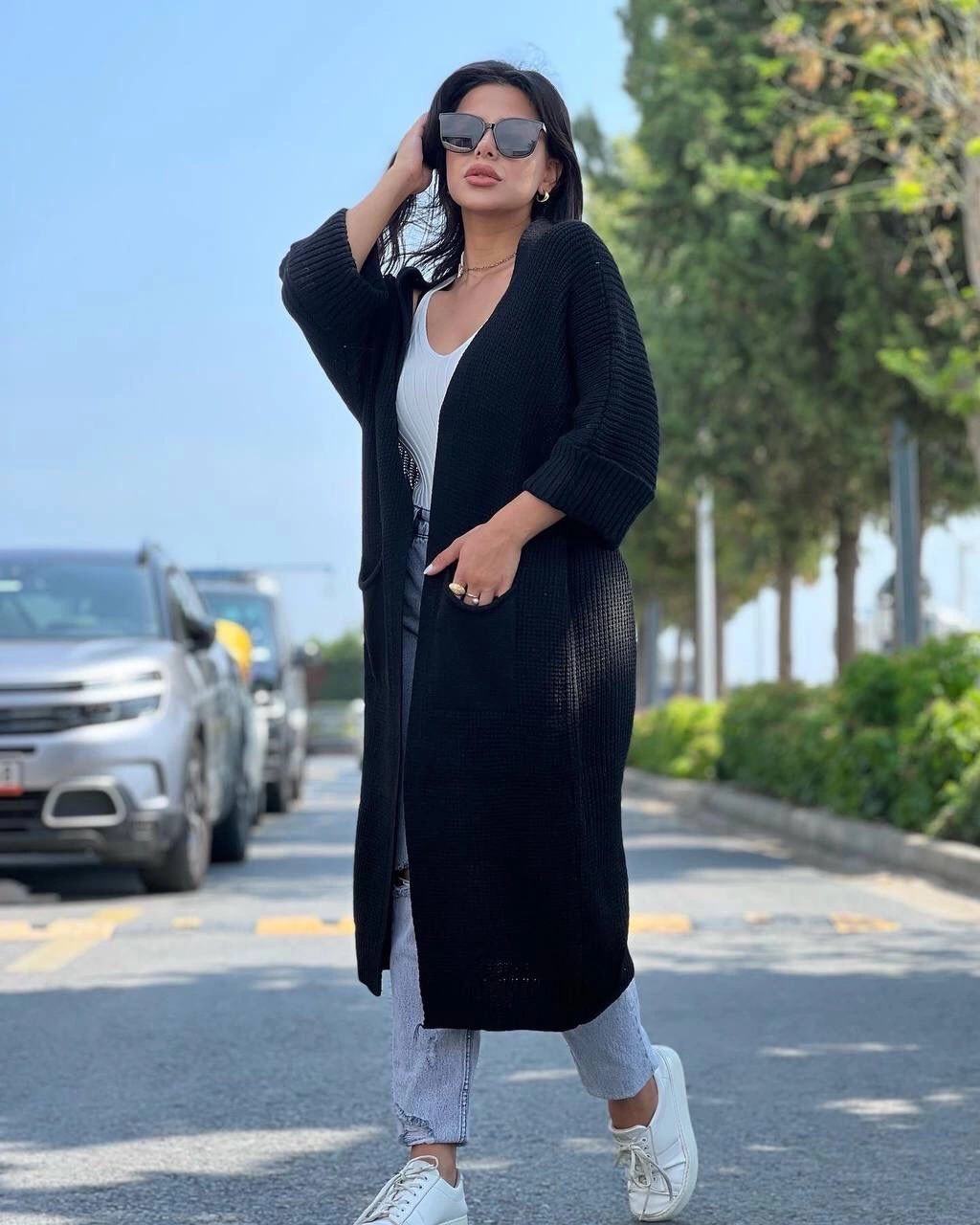 Batwing Sleeve Long Knit Cardigan Black