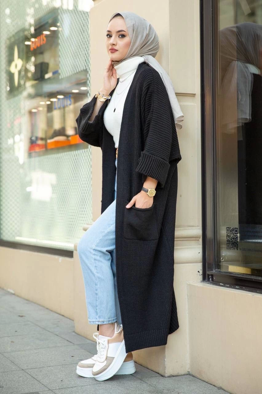 Batwing Sleeve Long Knit Cardigan Black