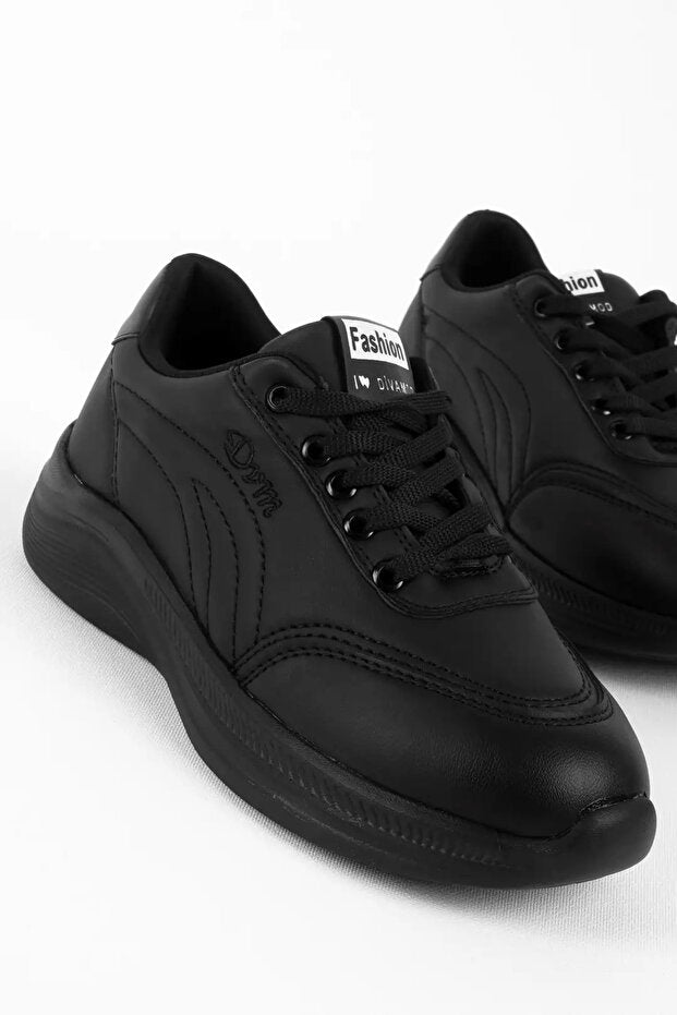 Yexo Premium Süper Ortopedik Bağcıklı Siyah Kadın Sneaker