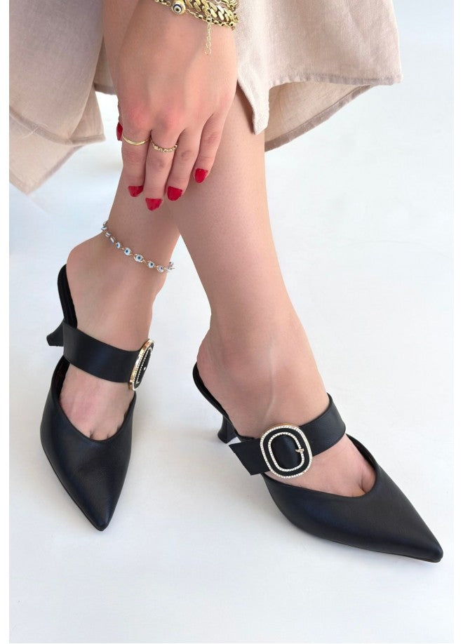 Yote Black Heeled Slippers