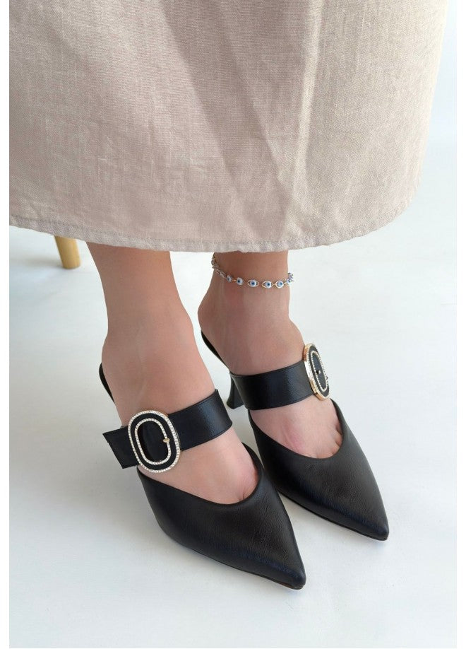 Yote Black Heeled Slippers