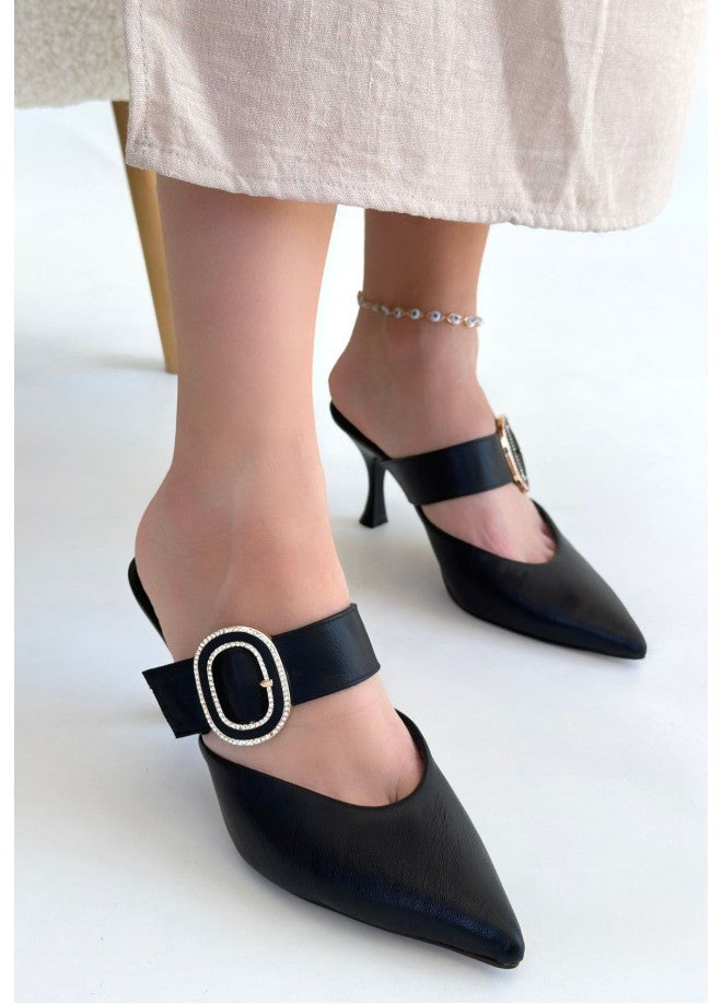Yote Black Heeled Slippers