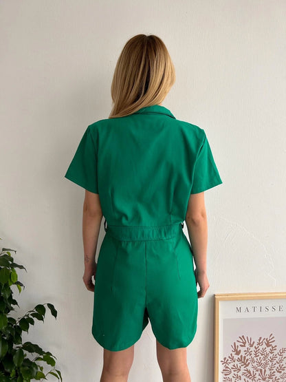 Yüksek Bel Cepli Gabardin Tulum Yeşil