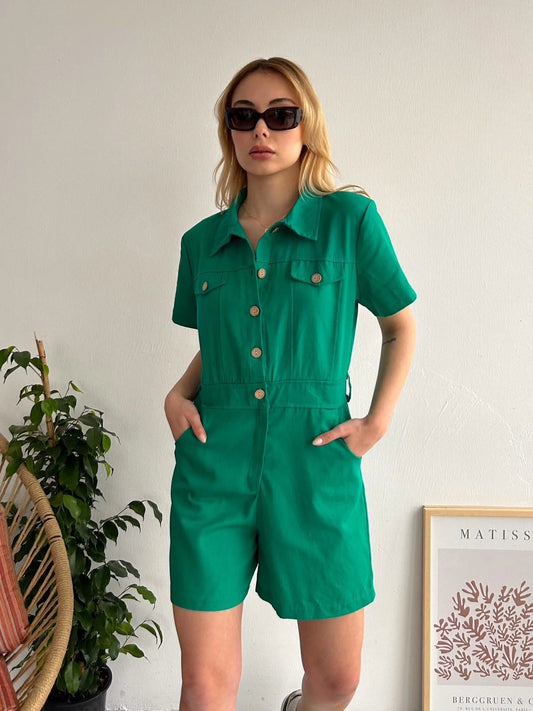 Yüksek Bel Cepli Gabardin Tulum Yeşil