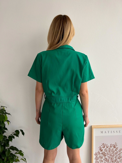 Yüksek Bel Cepli Gabardin Tulum Yeşil