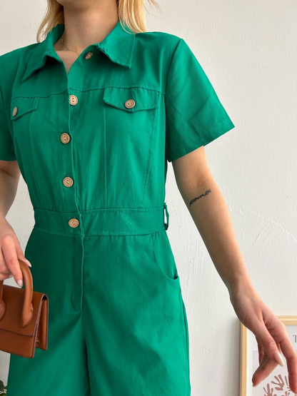 Yüksek Bel Cepli Gabardin Tulum Yeşil