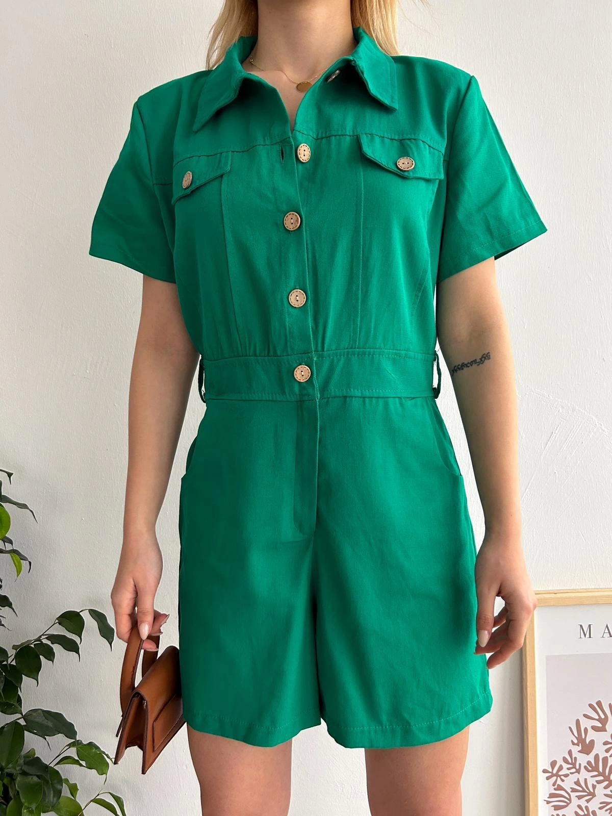 Yüksek Bel Cepli Gabardin Tulum Yeşil