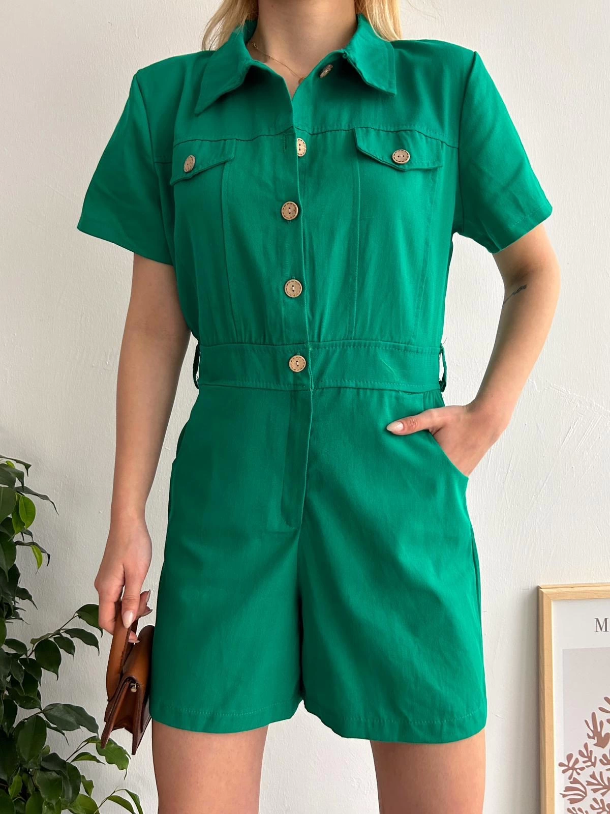 Yüksek Bel Cepli Gabardin Tulum Yeşil