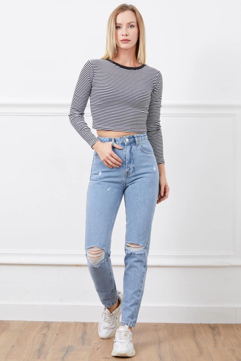 High Waist Mom Jean Slit Trousers Blue