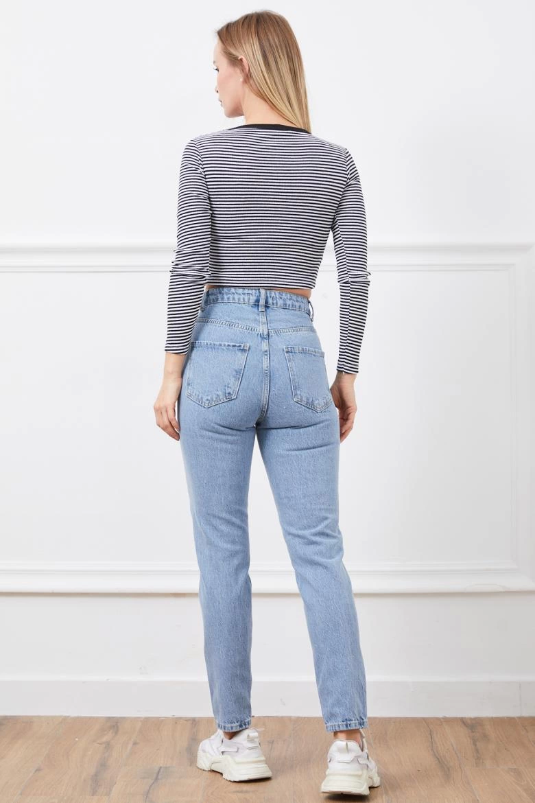 High Waist Mom Jean Slit Trousers Blue
