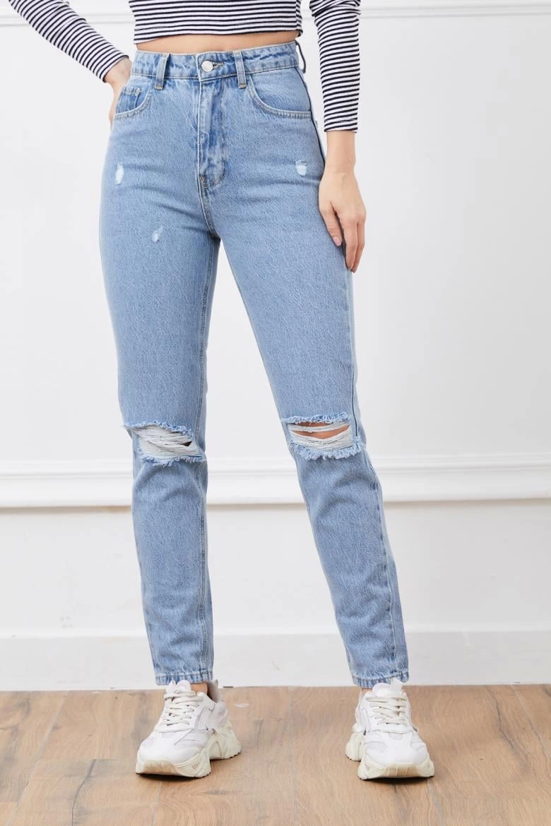 High Waist Mom Jean Slit Trousers Blue