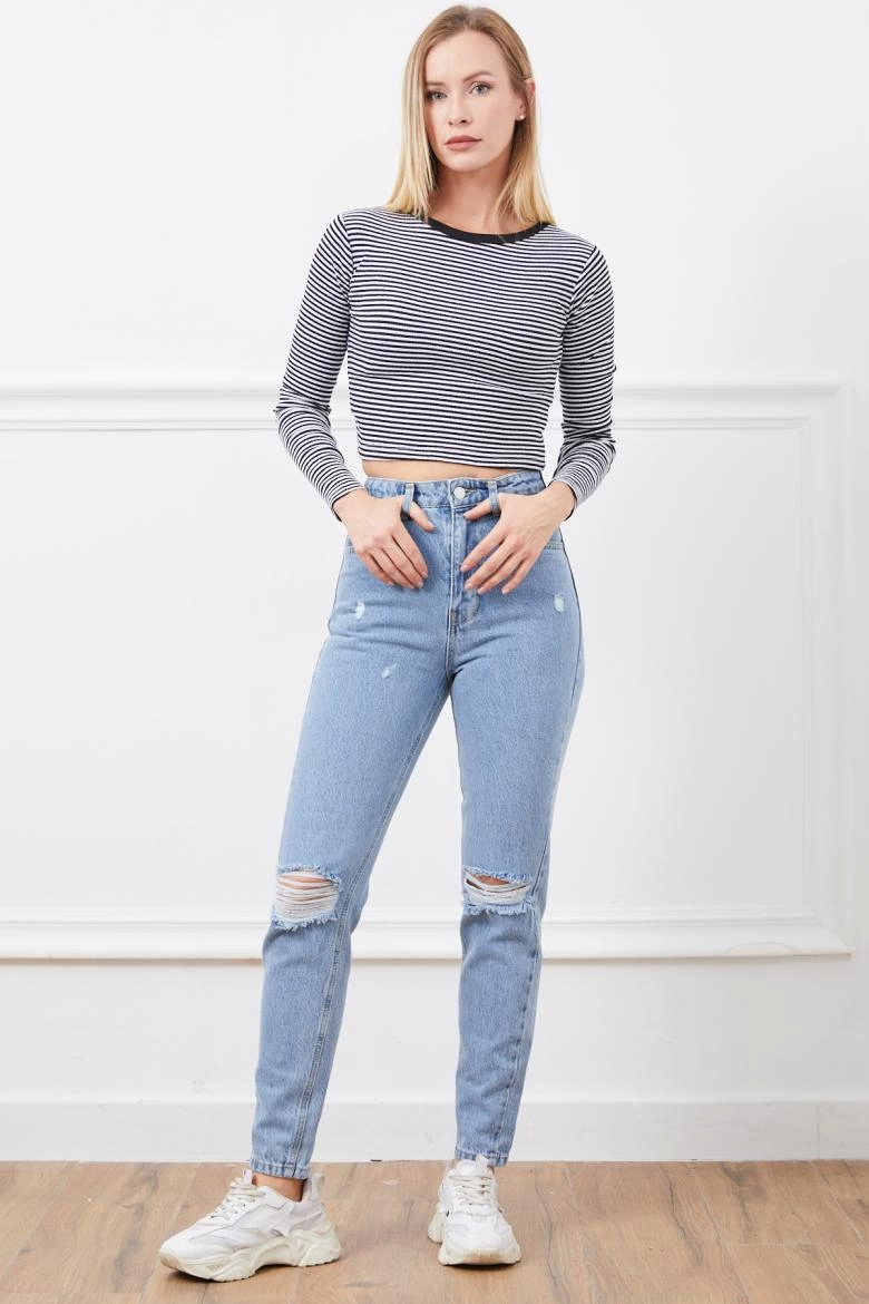 High Waist Mom Jean Slit Trousers Blue