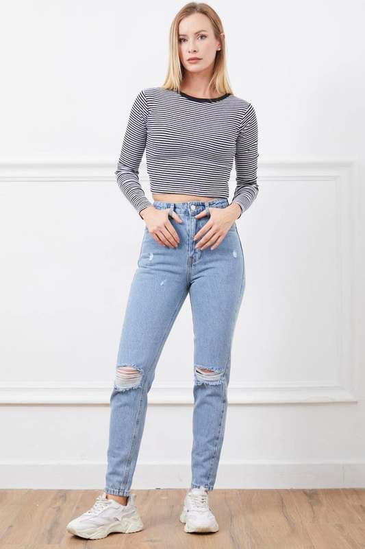 Yüksek Bel Mom Jean Yırtmaçlı Pantolon Mavi