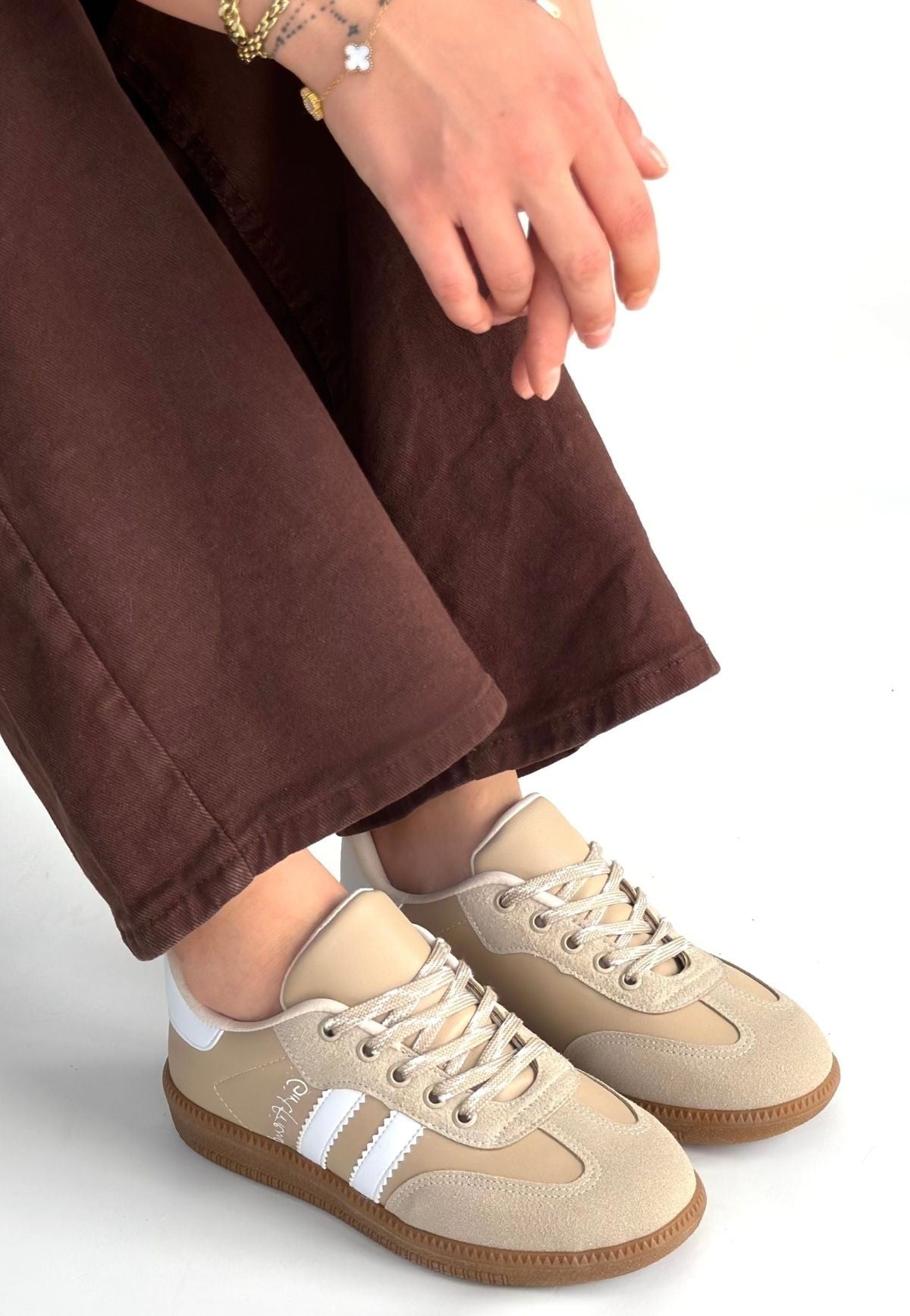 Zerti Bej Çizgili Bağcıklı Kadın Sneaker